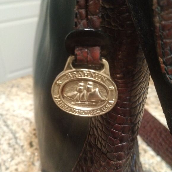 Vintage Brahmin Purse Pecan Croc Black Leather Combo Shoulder Handbag - Picture 2 of 16